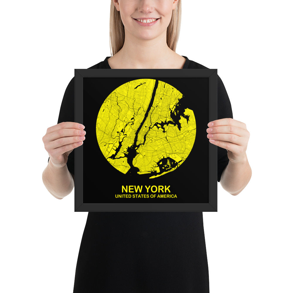 New York Circular Yellow Framed Map