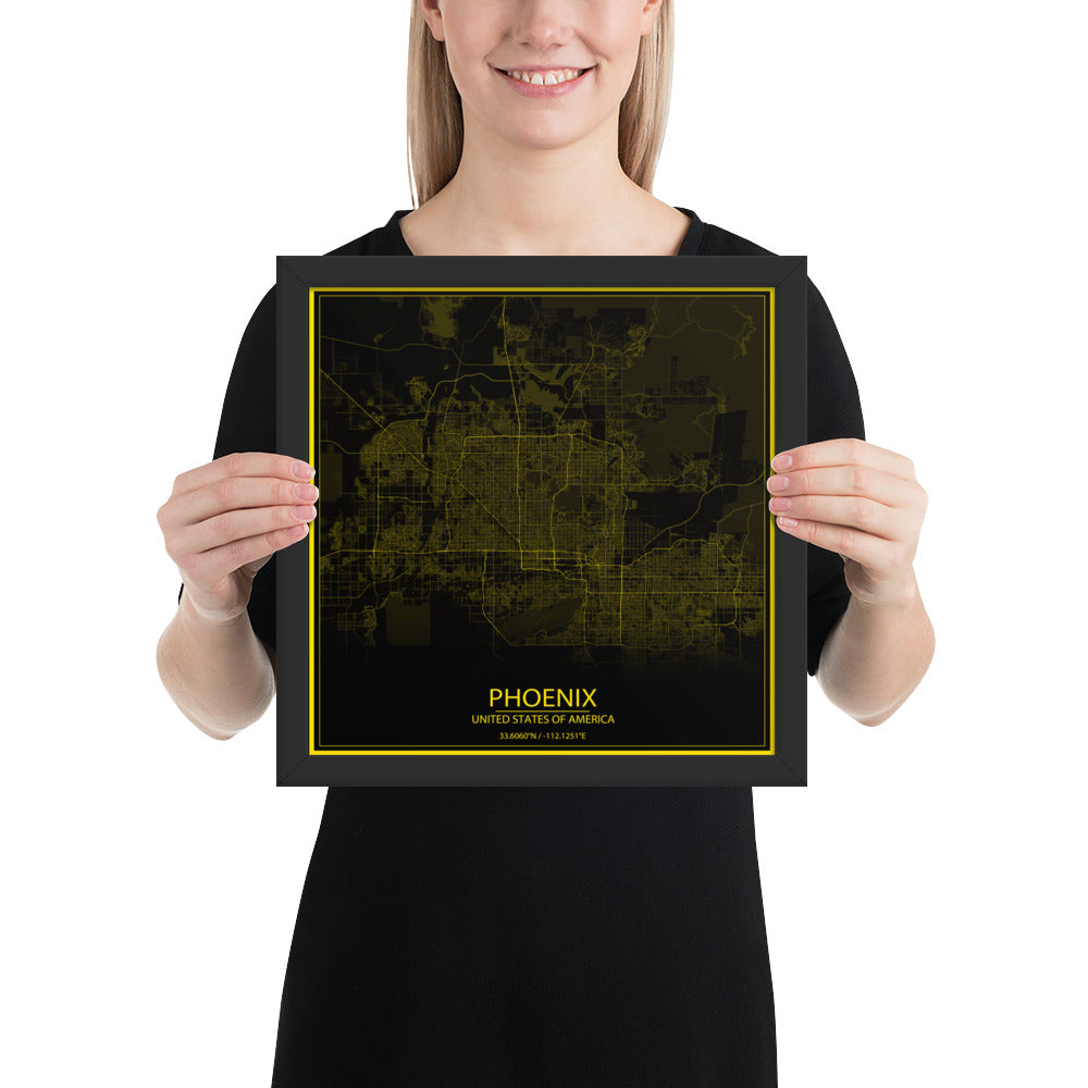 Phoenix Black and Yellow Framed Map
