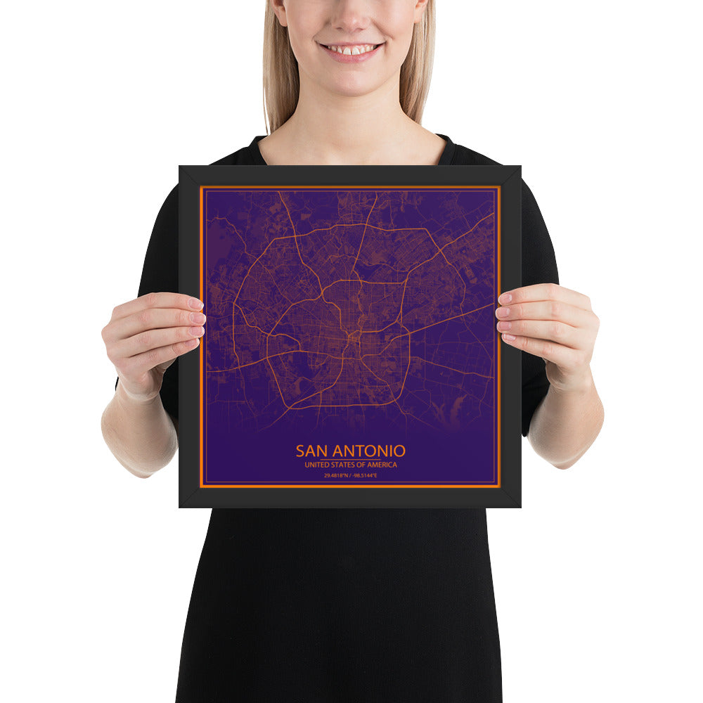 San Antonio Purple and Orange Framed Map