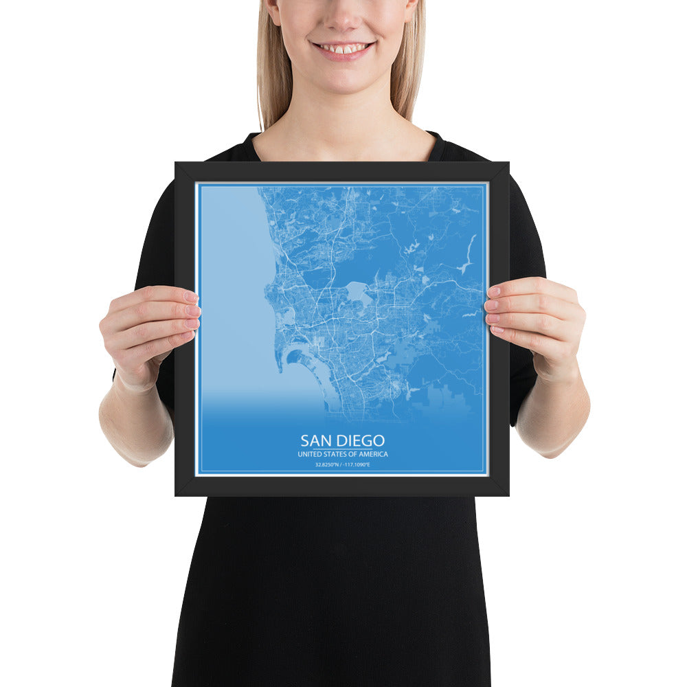 San Diego Blue and White Framed Map