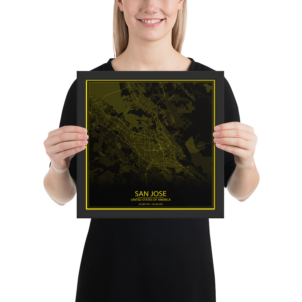 San Jose Black and Yellow Framed Map