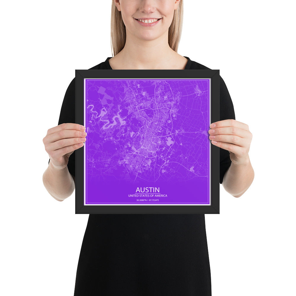 Austin Purple and White Framed Map