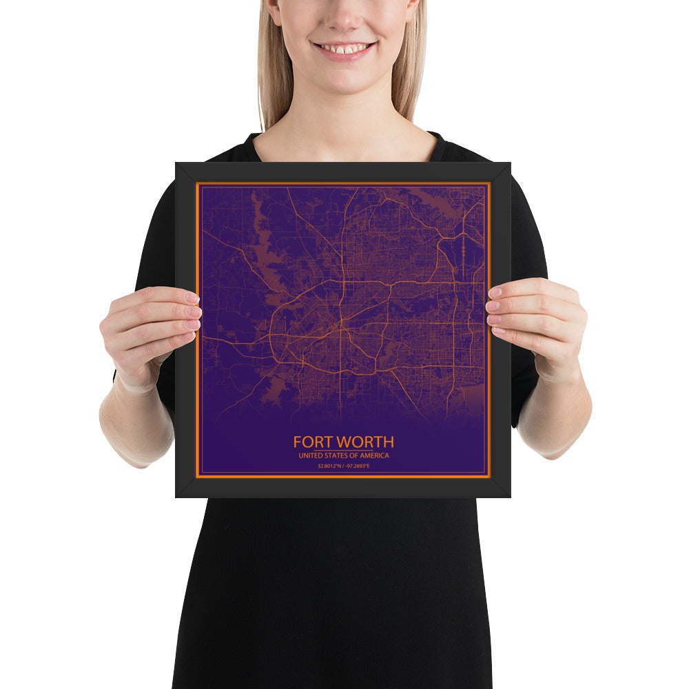 Fort Worth Purple and Orange Framed Map