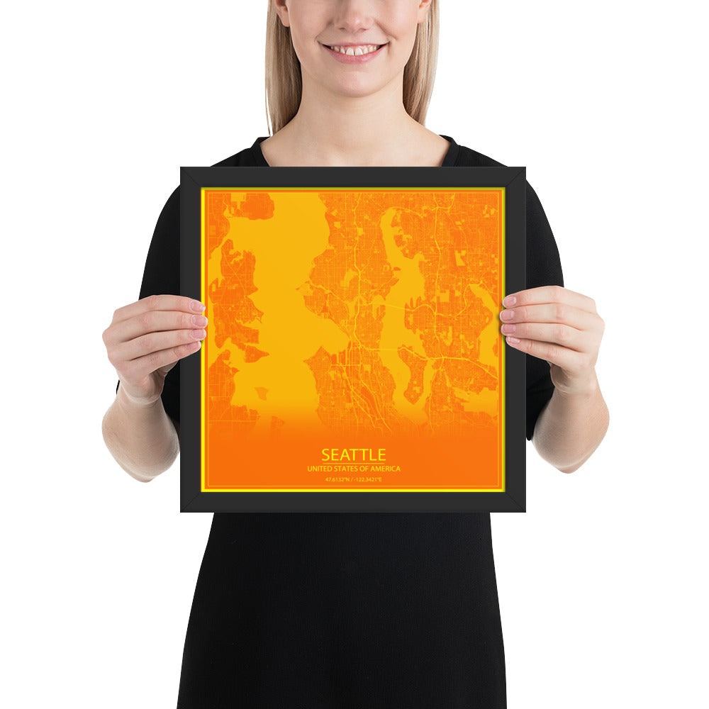Seattle Orange and Yellow Framed Map