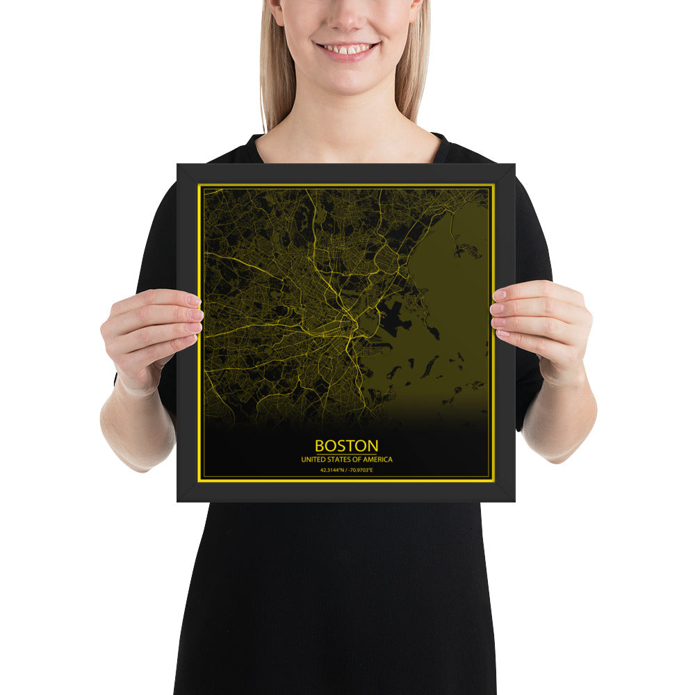 Boston Black and Yellow Framed Map