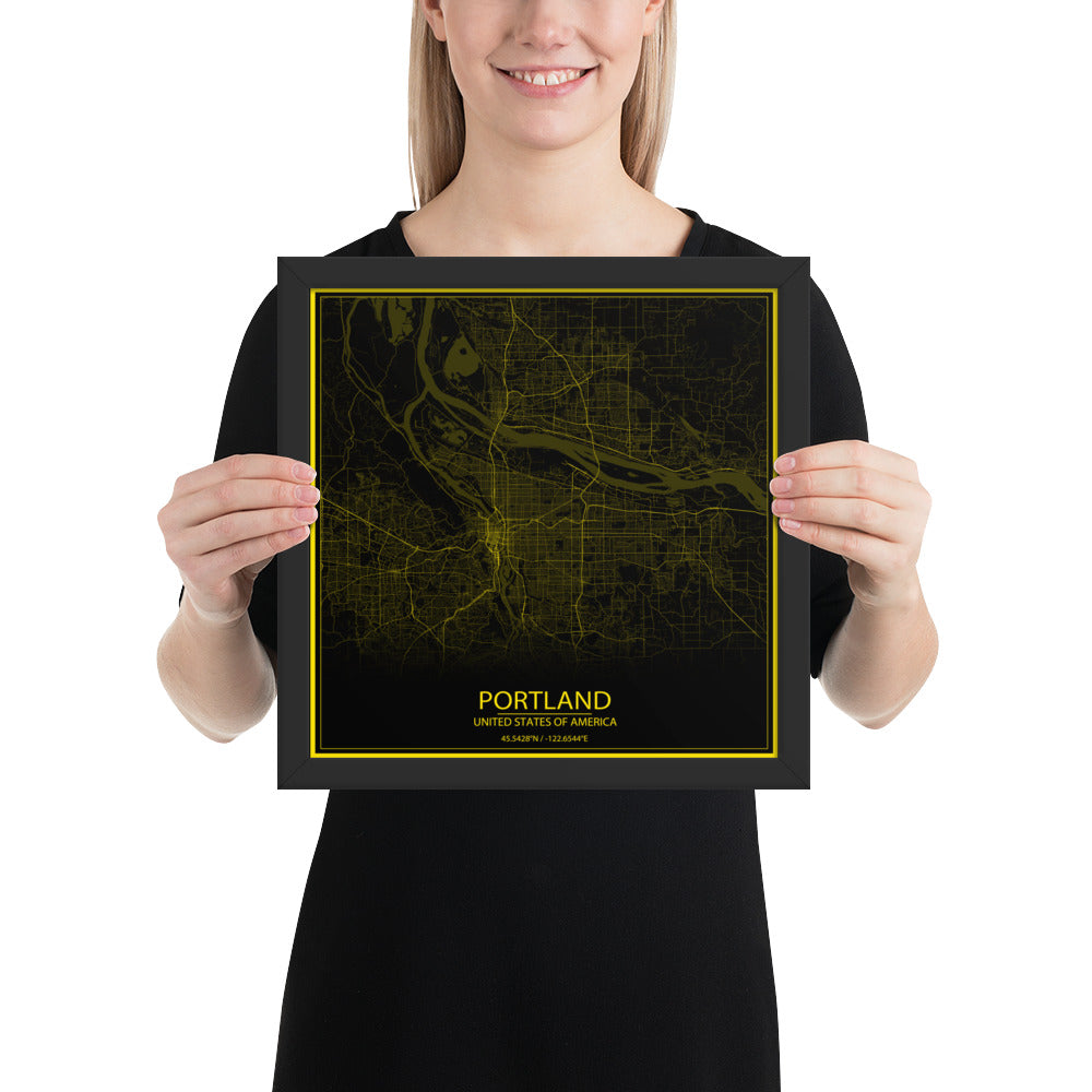 Portland Black and Yellow Framed Map