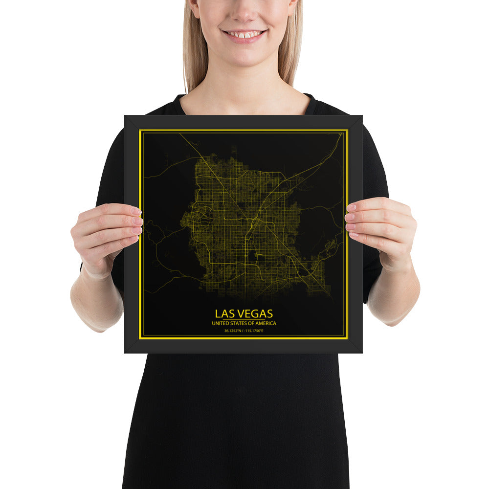Las Vegas Black and Yellow Framed Map