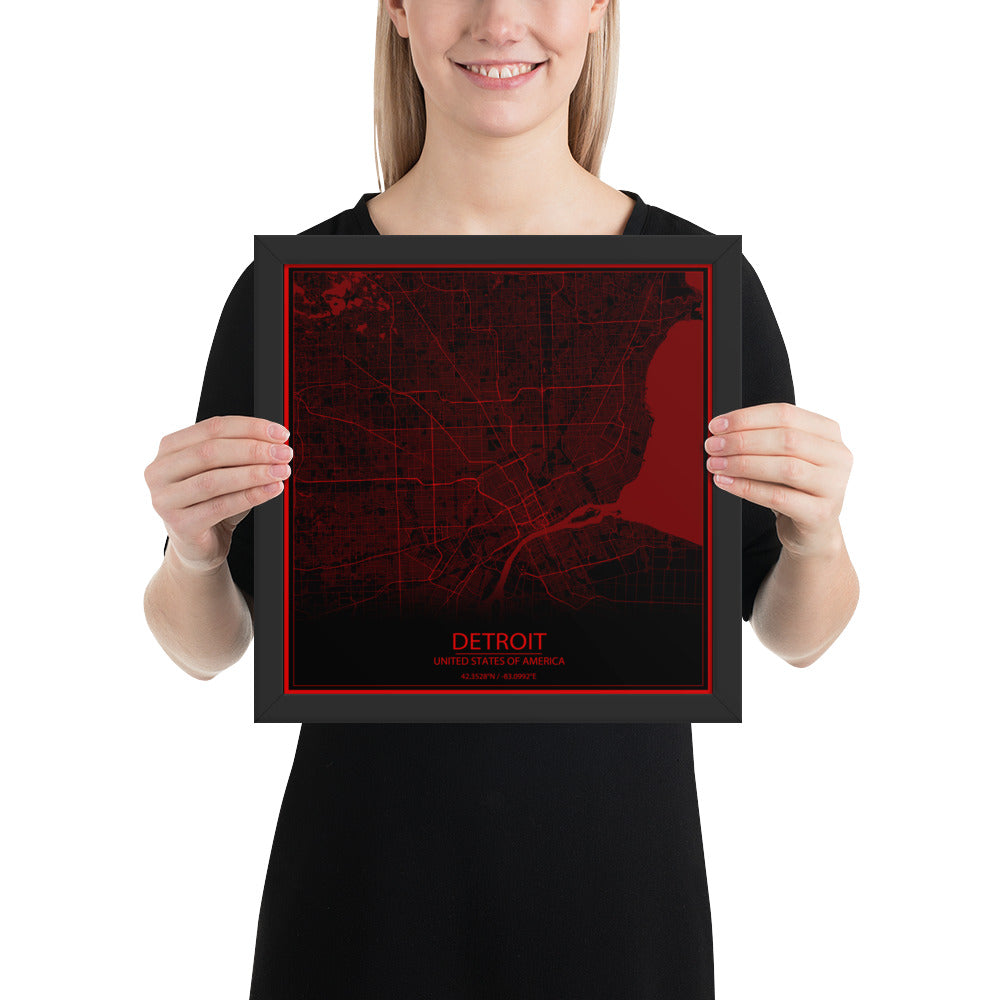 Detroit Black and Red Framed Map