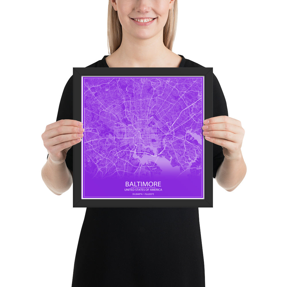 Baltimore Purple and White Framed Map