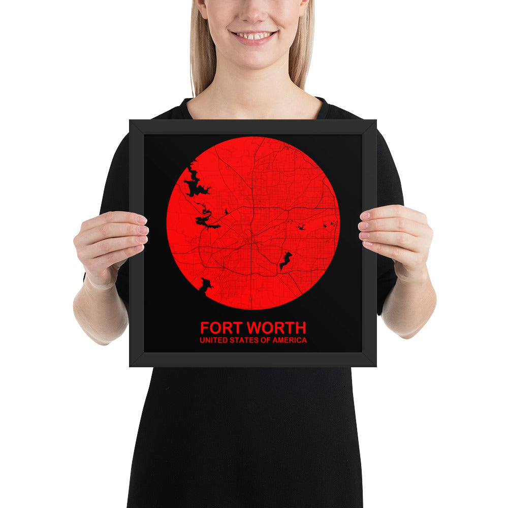 Fort Worth Circular Red Framed Map