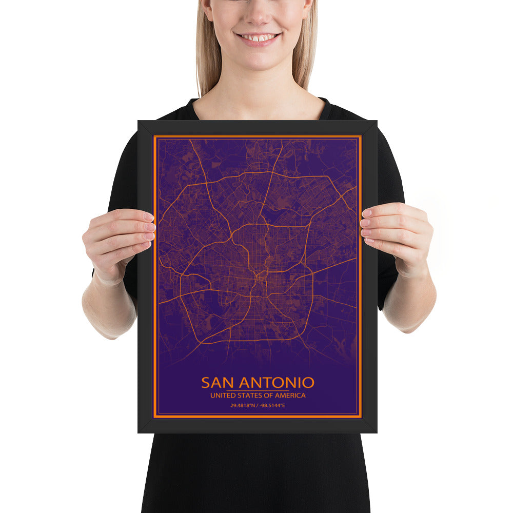 San Antonio Purple and Orange Framed Map