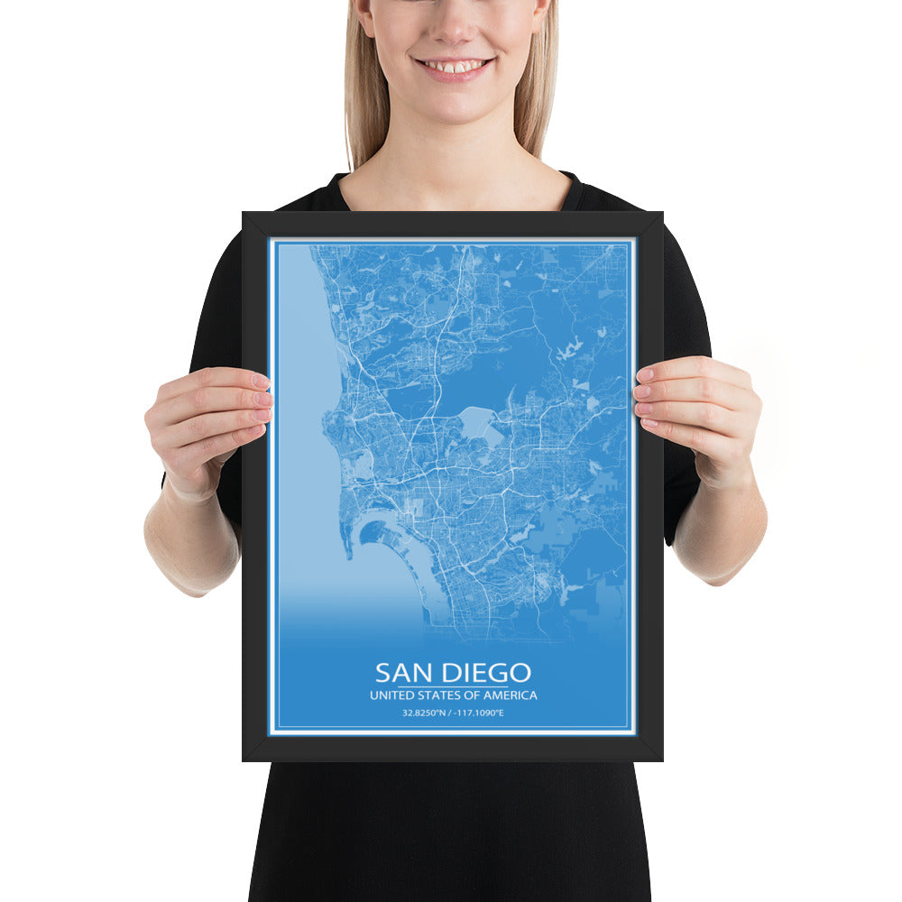 San Diego Blue and White Framed Map