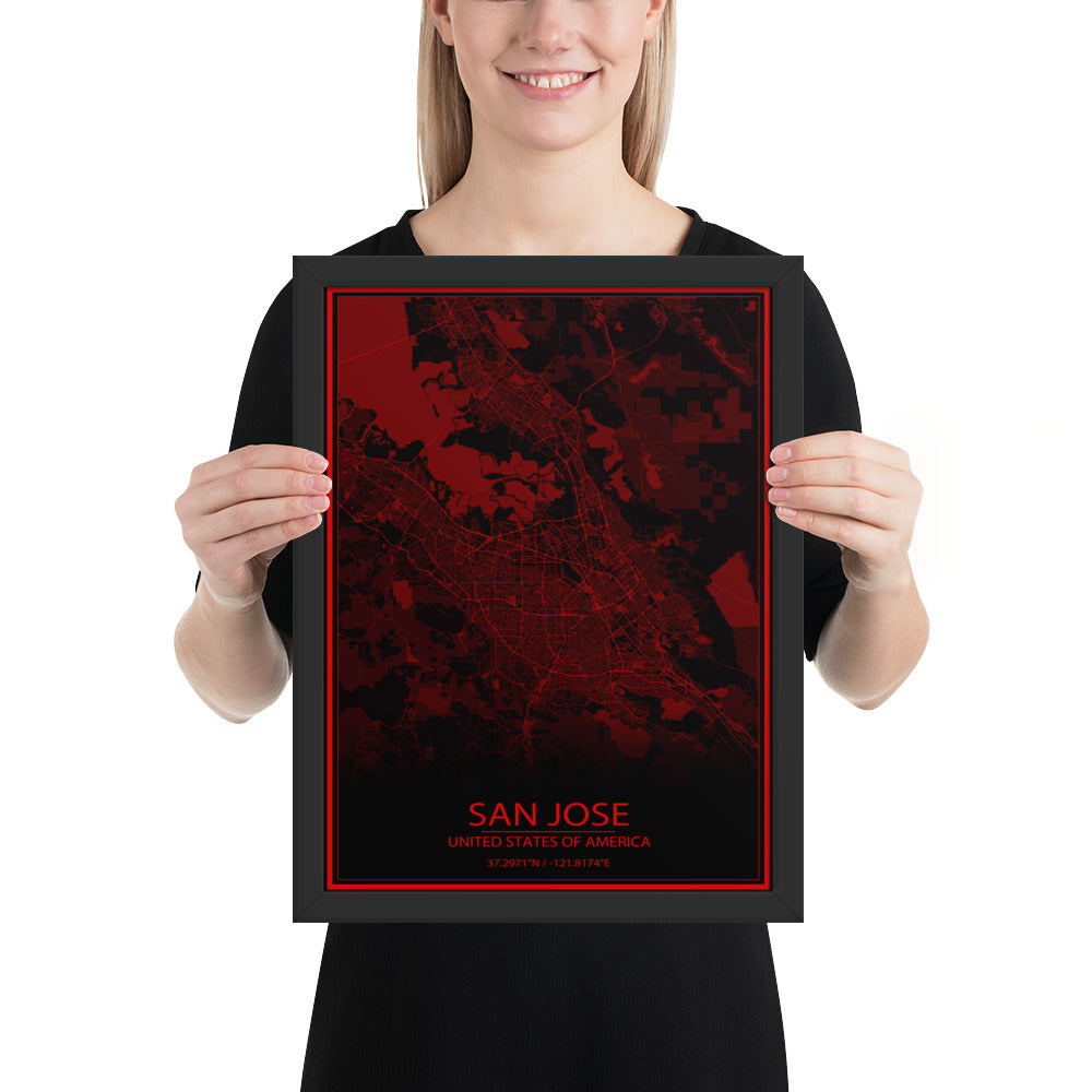 San Jose Black and Red Framed Map