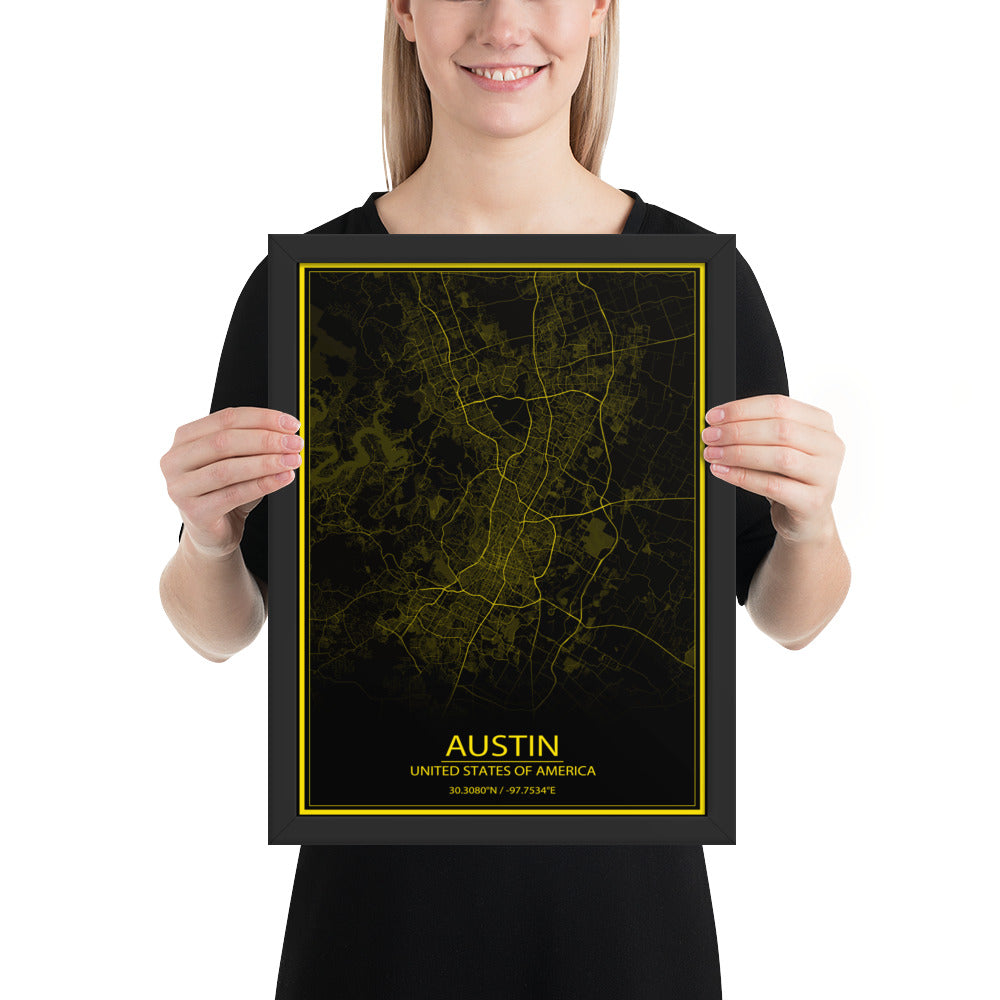 Austin Black and Yellow Framed Map