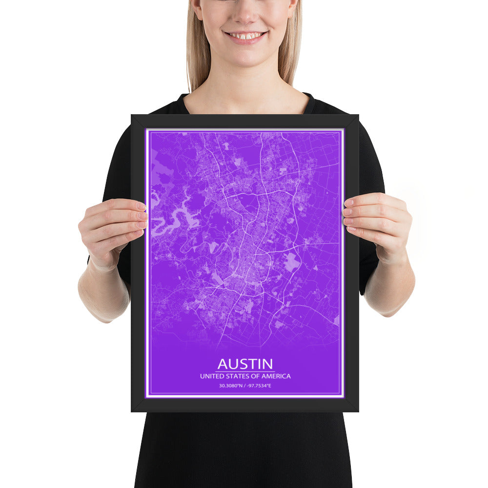 Austin Purple and White Framed Map