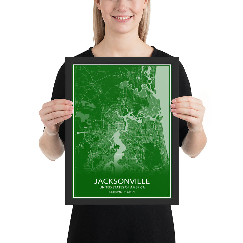 Jacksonville Green and White Framed Map