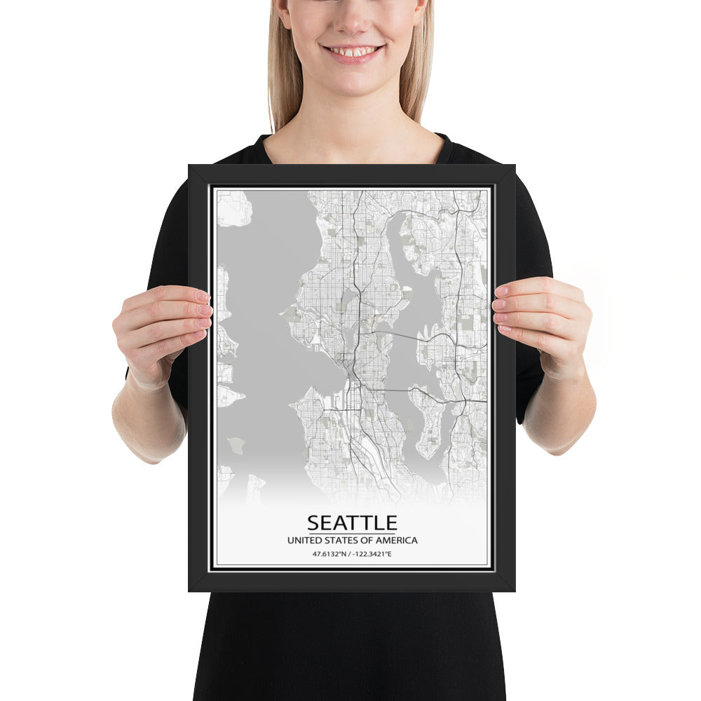 Seattle White Framed Map