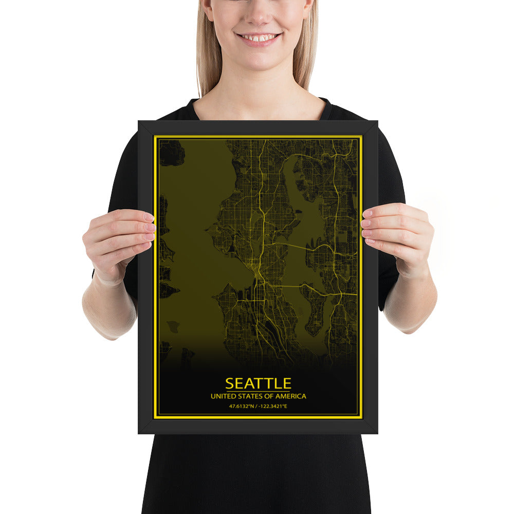 Seattle Black and Yellow Framed Map