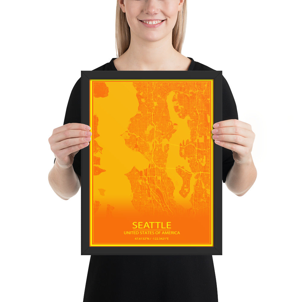 Seattle Orange and Yellow Framed Map
