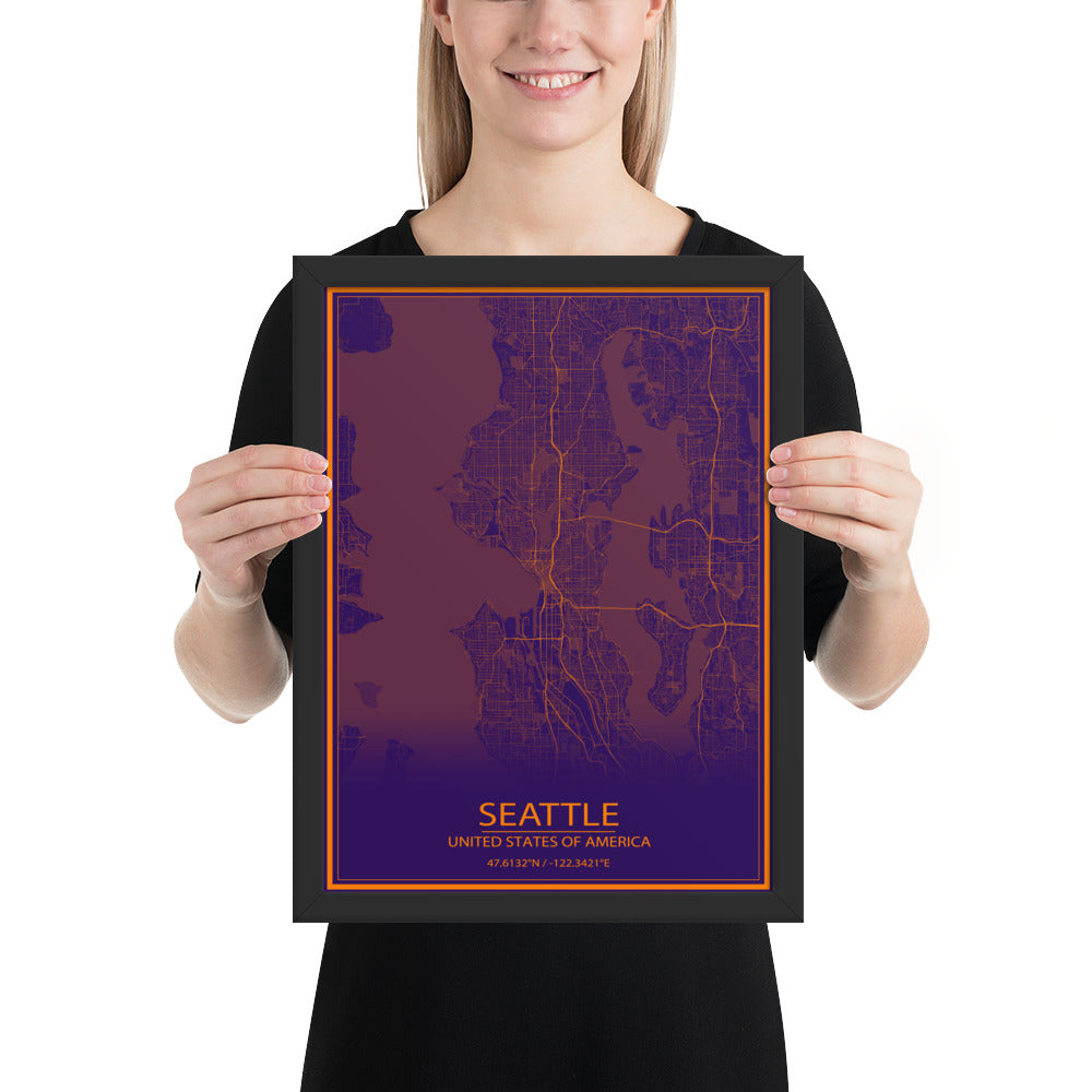 Seattle Purple and Orange Framed Map