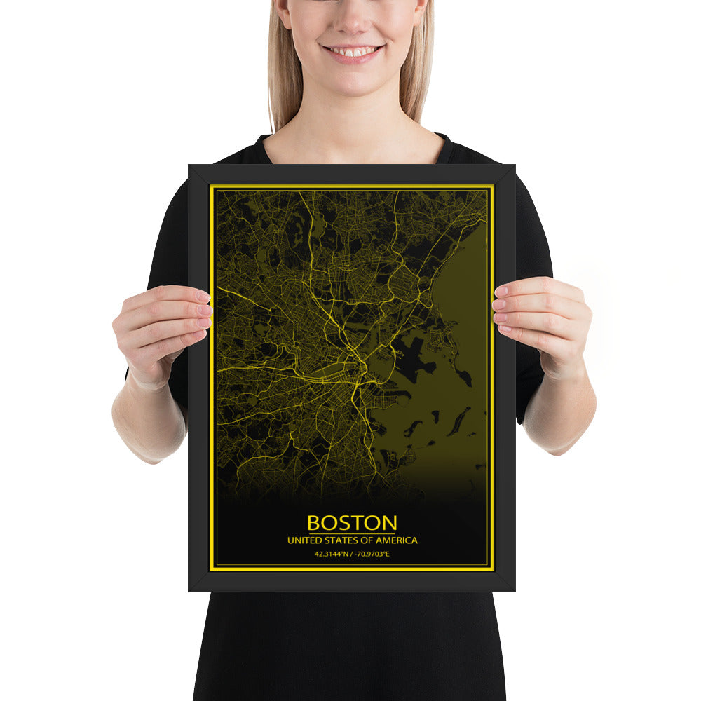 Boston Black and Yellow Framed Map