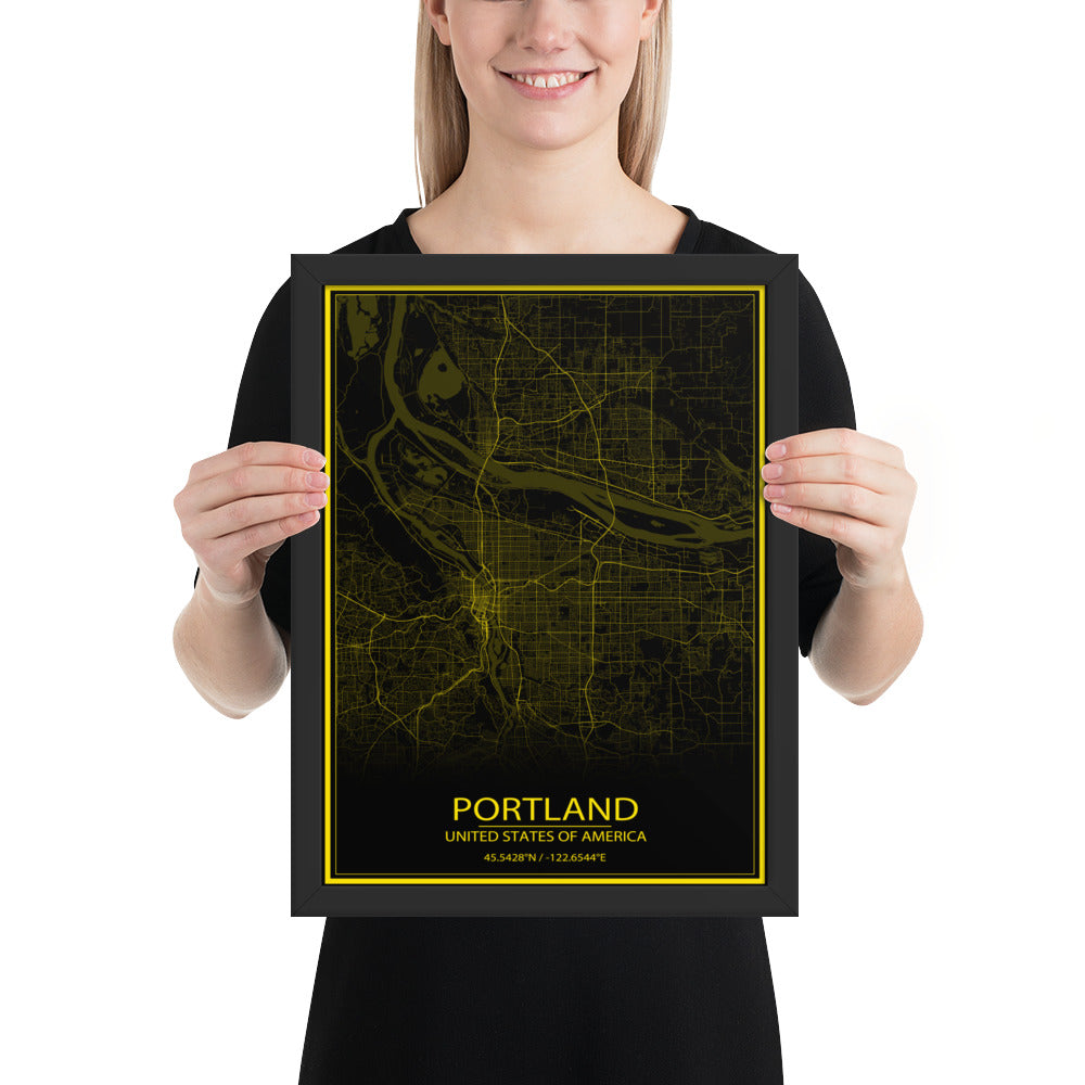 Portland Black and Yellow Framed Map