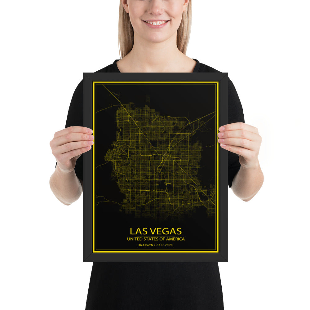 Las Vegas Black and Yellow Framed Map