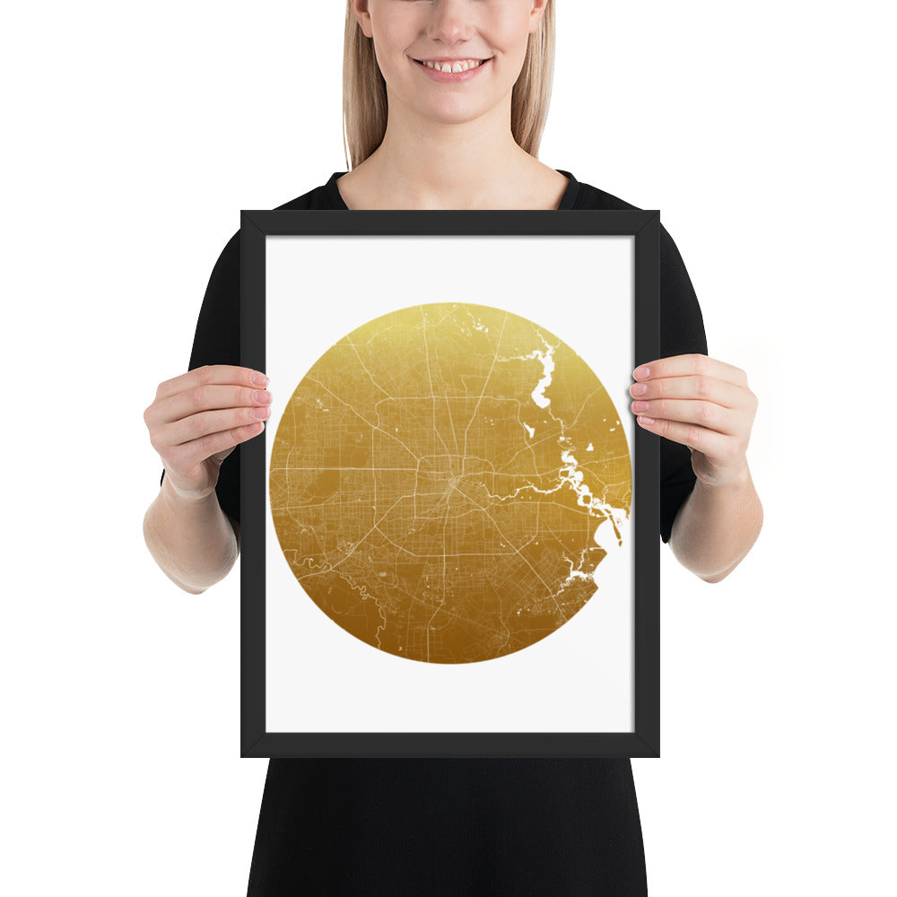 Houston Gold on White Framed Map