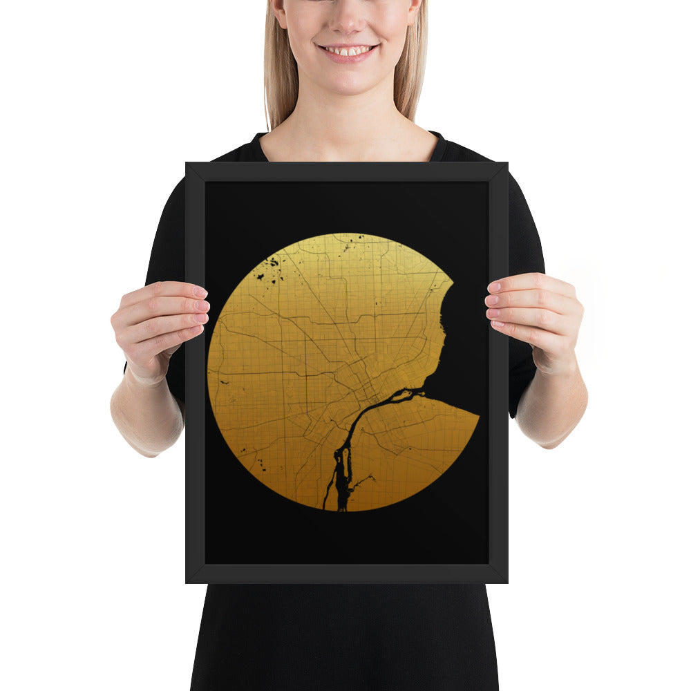 Detroit Gold on Black Framed Map