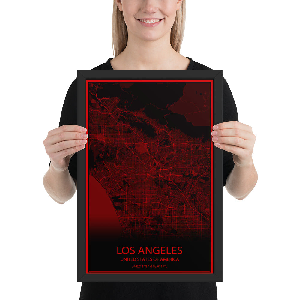 Los Angeles Black and Red Framed Map