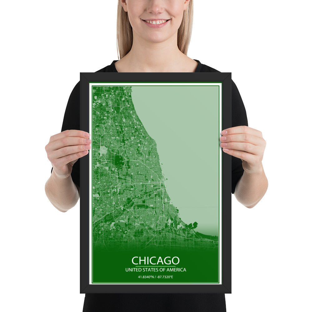 Chicago Green and White Framed Map