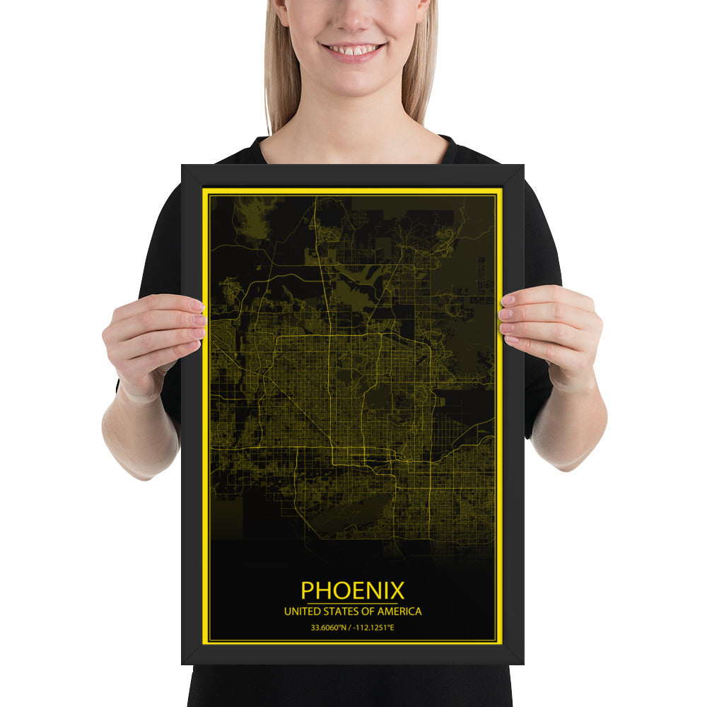 Phoenix Black and Yellow Framed Map