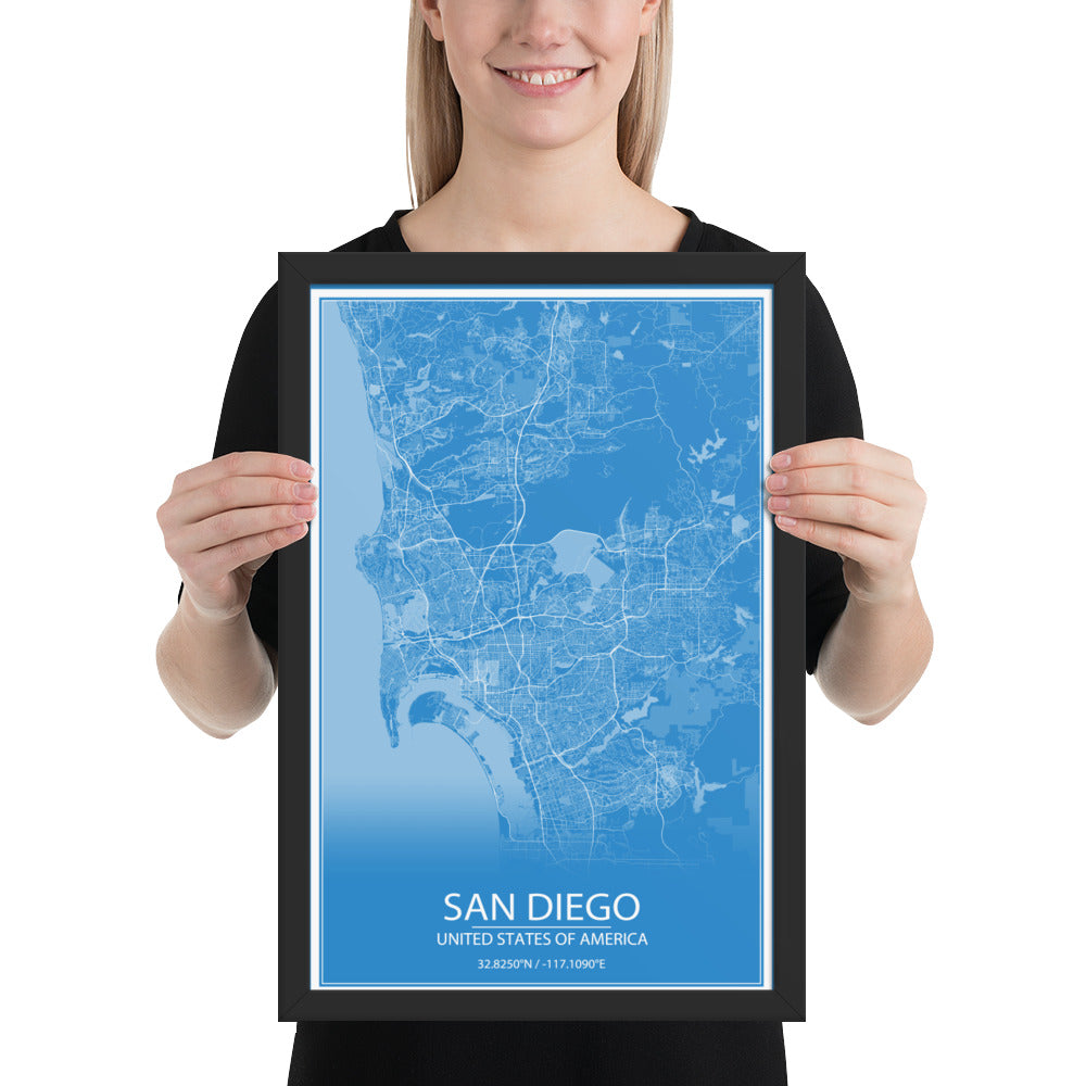 San Diego Blue and White Framed Map