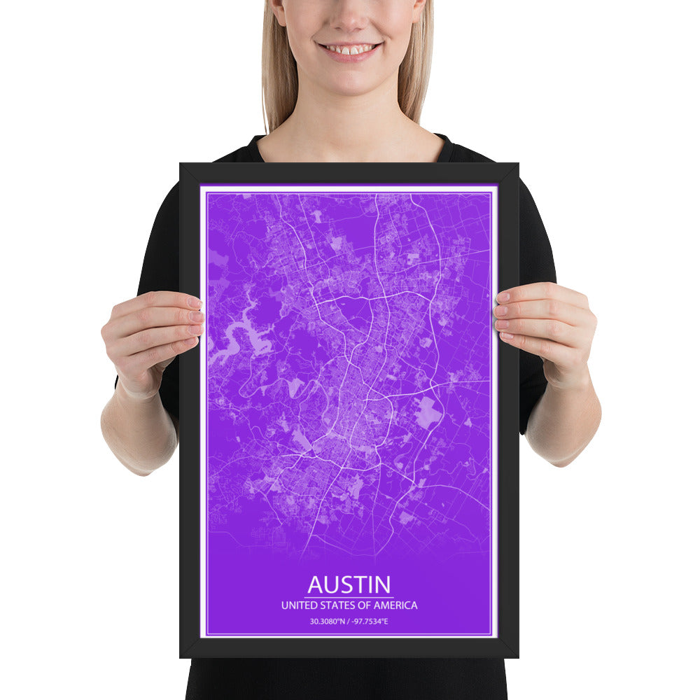 Austin Purple and White Framed Map