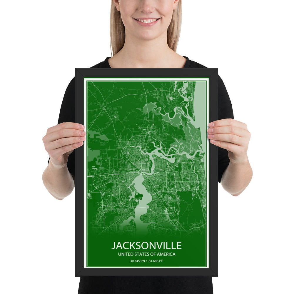 Jacksonville Green and White Framed Map