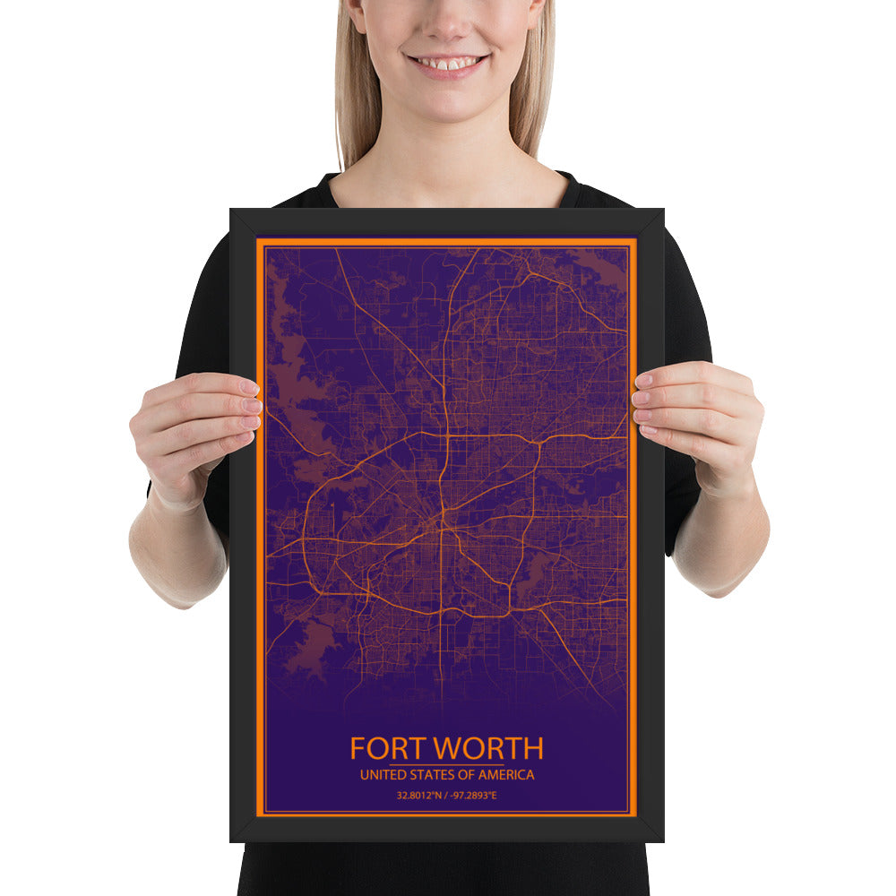 Fort Worth Purple and Orange Framed Map