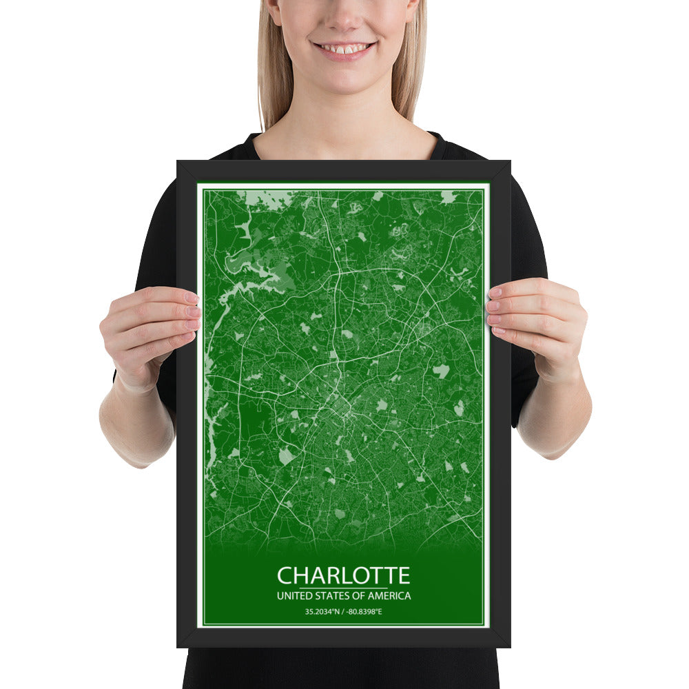 Charlotte Green and White Framed Map