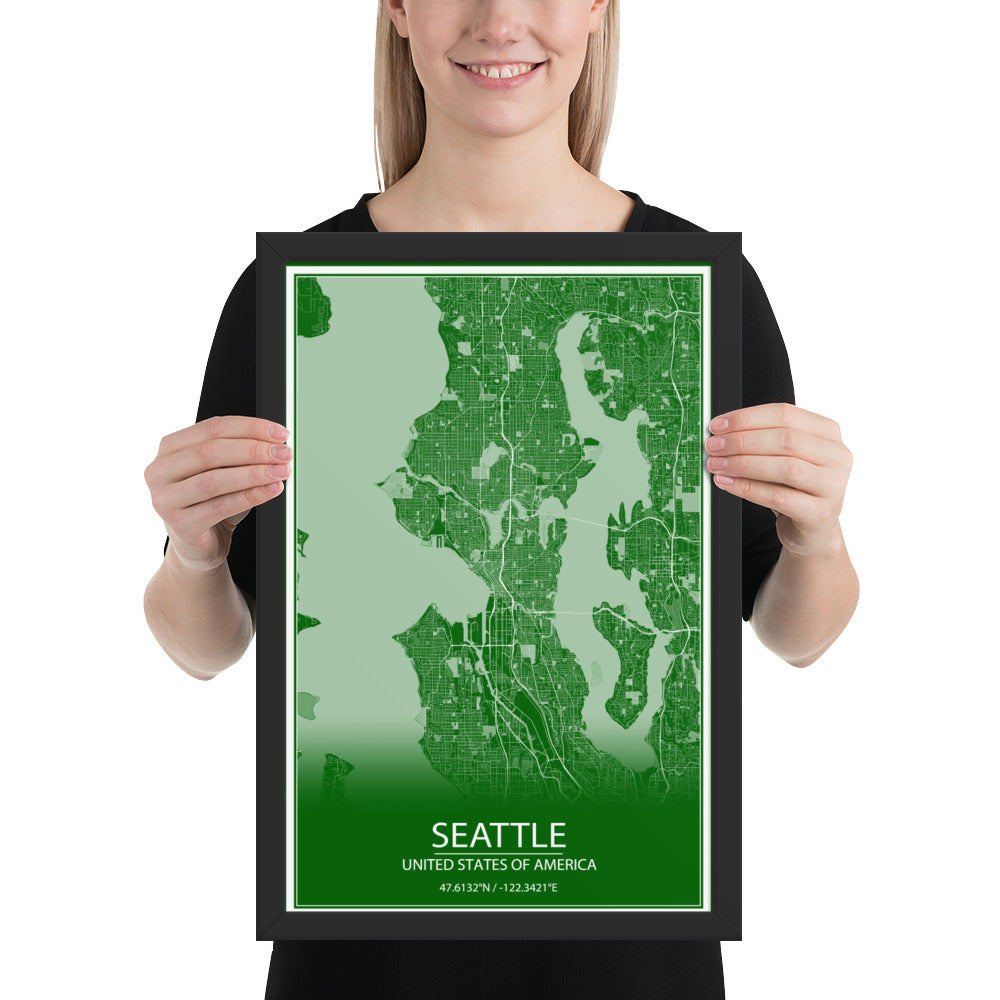 Seattle Green and White Framed Map