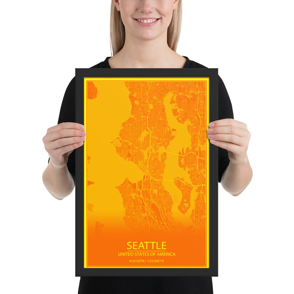 Seattle Orange and Yellow Framed Map
