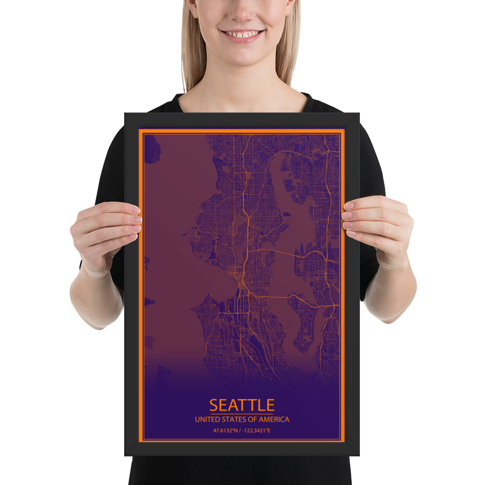 Seattle Purple and Orange Framed Map