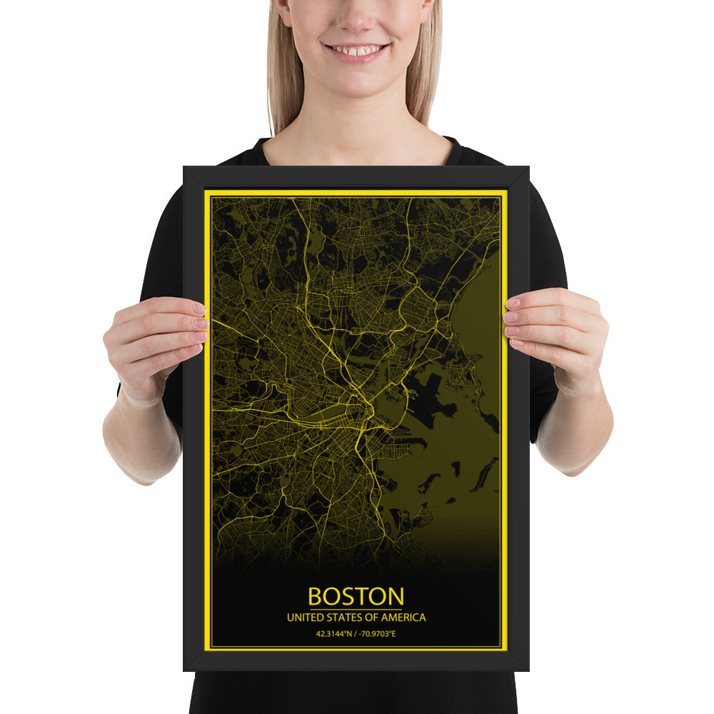 Boston Black and Yellow Framed Map