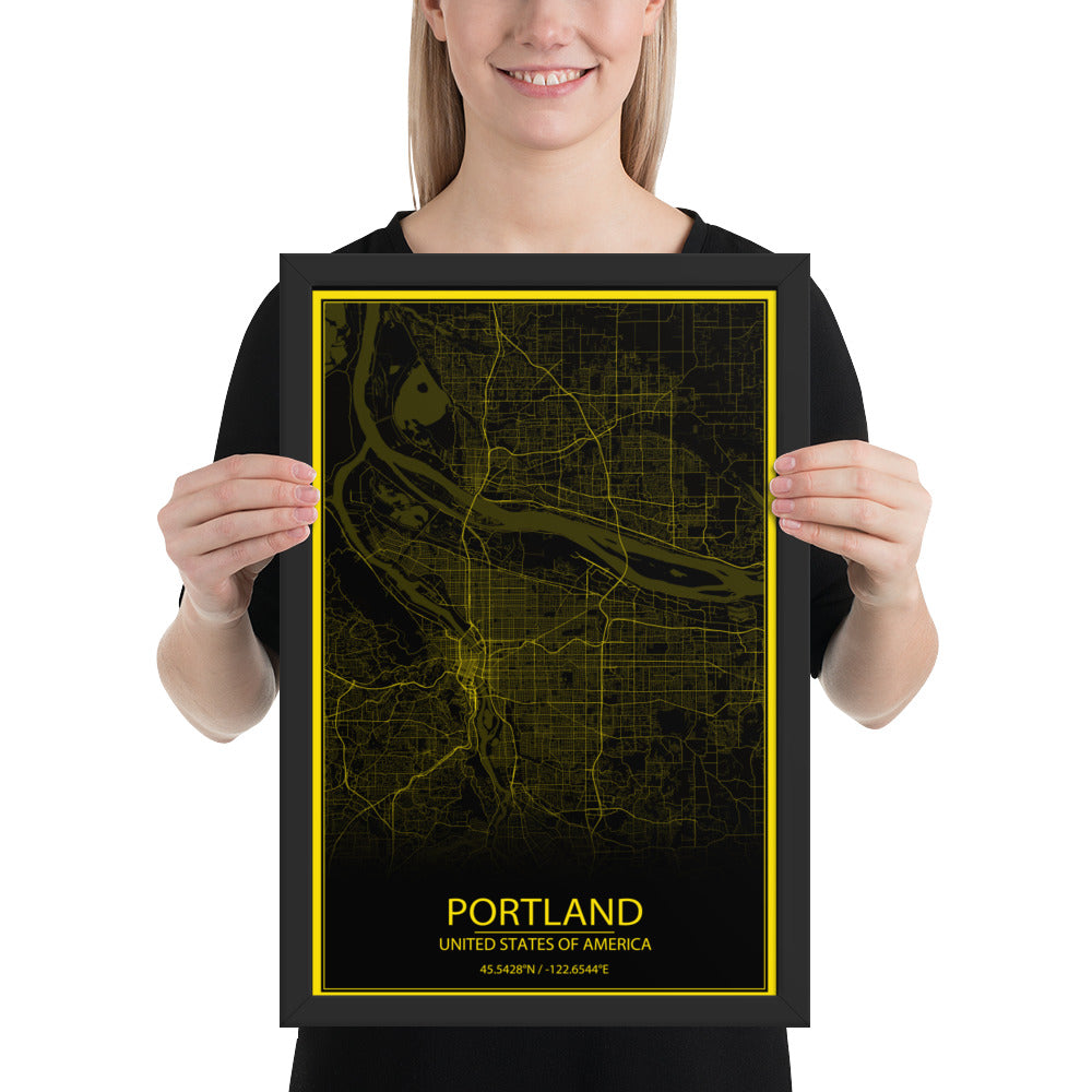 Portland Black and Yellow Framed Map