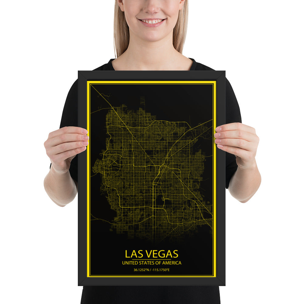 Las Vegas Black and Yellow Framed Map