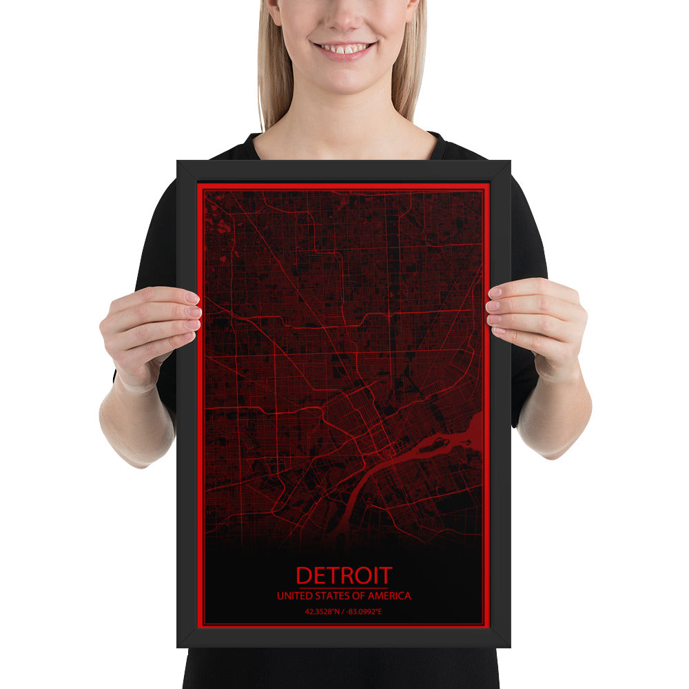 Detroit Black and Red Framed Map