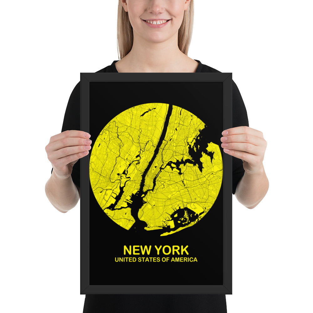 New York Circular Yellow Framed Map