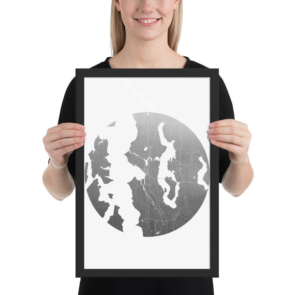 Seattle Silver on White Framed Map