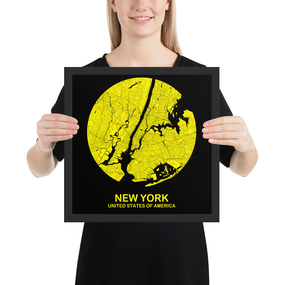 New York Circular Yellow Framed Map