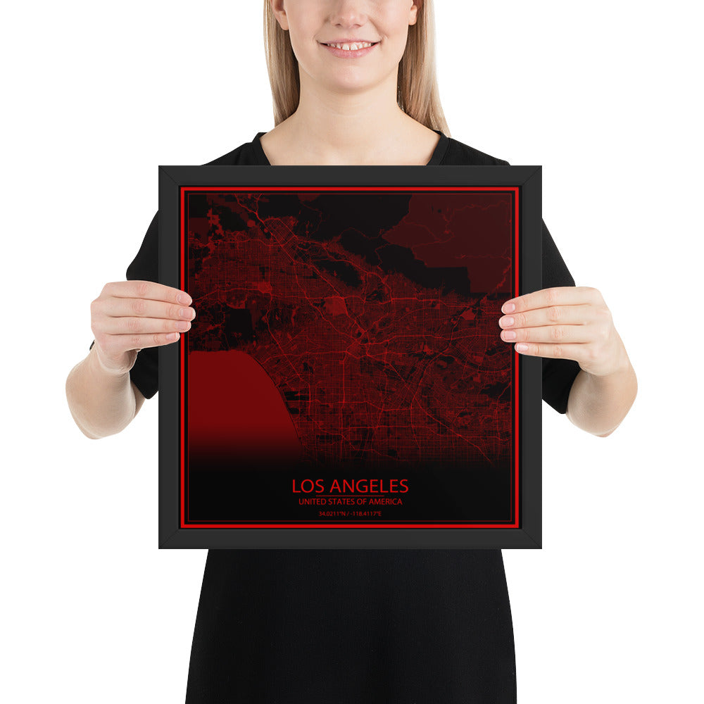 Los Angeles Black and Red Framed Map