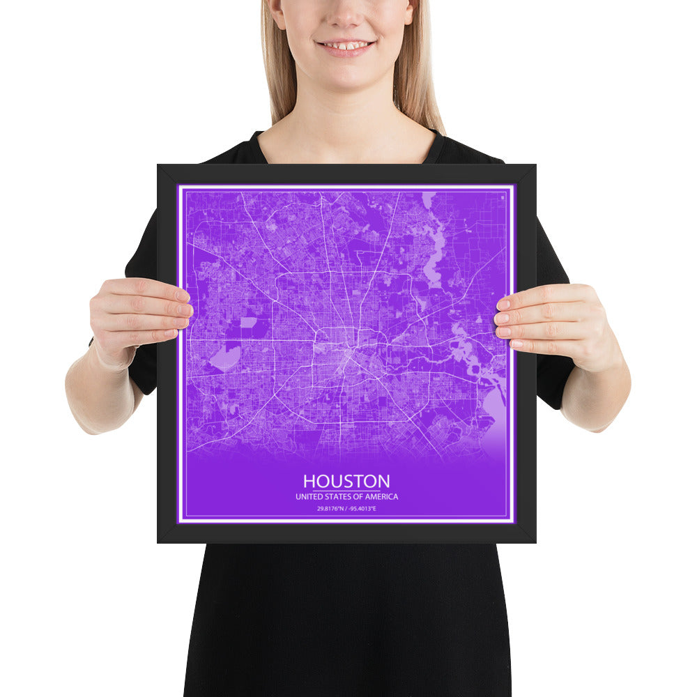 Houston Purple and White Framed Map