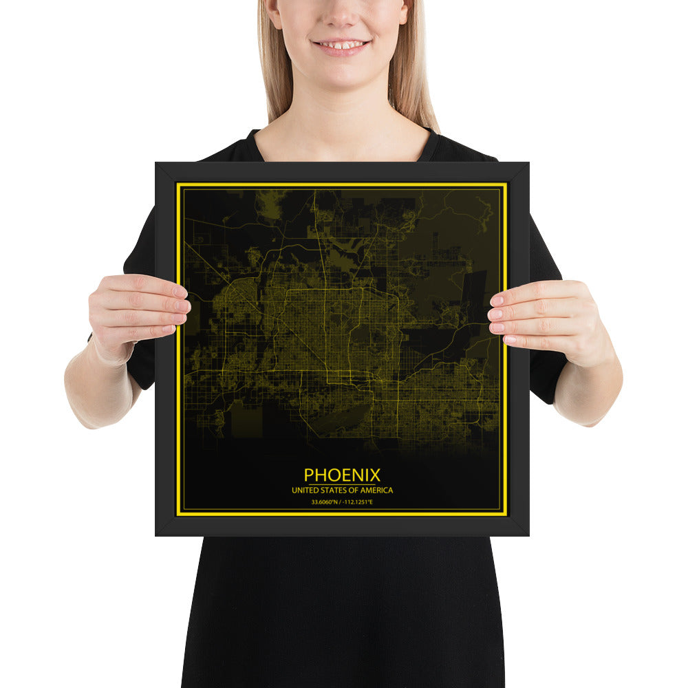 Phoenix Black and Yellow Framed Map